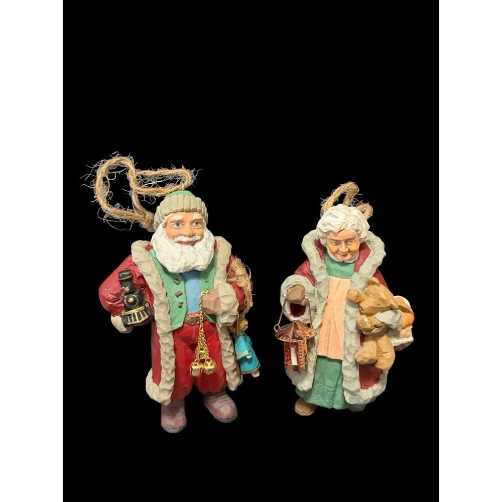 Pair Santa's Gift's Mrs Santa Claus Folk Art 1996 Hallmark Christmas Ornaments